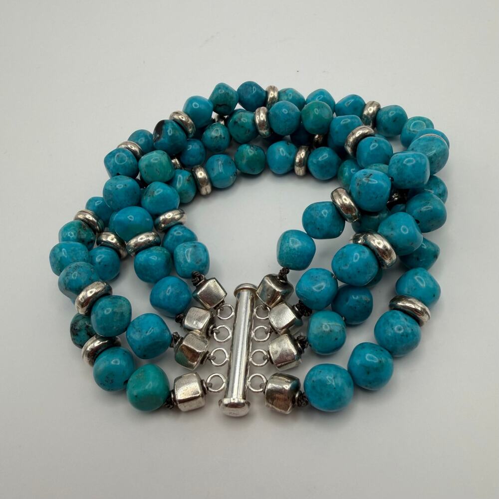 Vintage Multi Strand Turquoise Bead Bracelet 925 Sterling Silver 4 Strand